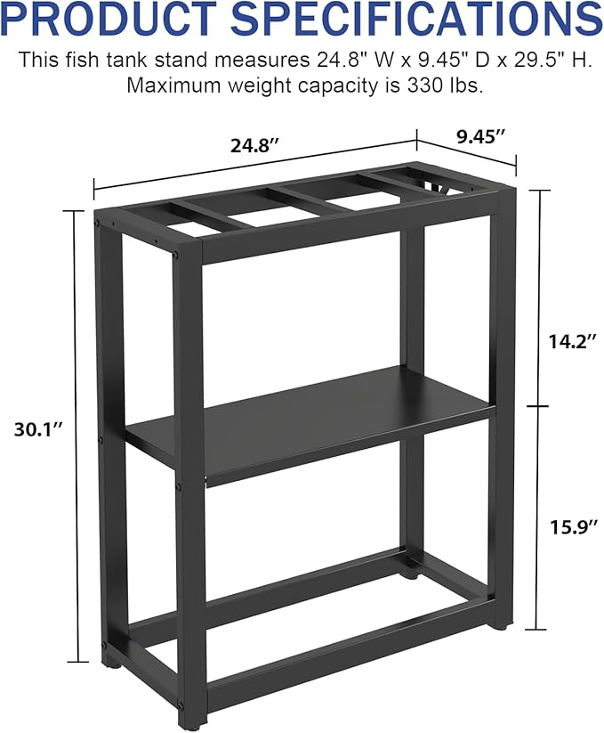 10-20 Gallon Fish Tank Stand with Storage Shelf, Aquarium Stand Measuring 24.8" W x 9.5" D x 30.1" H with Hooks,Heavy Duty Metal Turtle Reptile Tank Stand, Easy Assemble-PurrikoPets