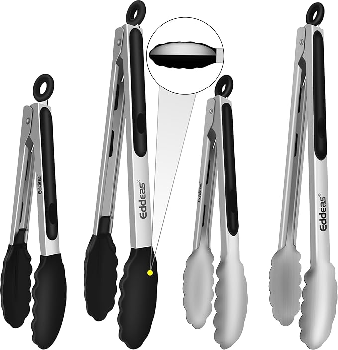 4 Pack Tongs For Cooking, Heat Resistant 600 Degrees 9",12" Stainless Steel Locking Metal Tong & 9",12" Kitchen Tongs with Silicone Tips, Non-Slip Food Silicone Tong, Heavy Duty, Non-Stick-PurrikoPets