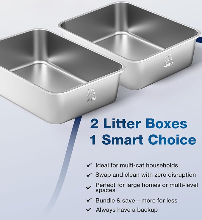 2 Packs Stainless Steel Cat Litter Box, 17.5" L×13.6" W×5.9" H, Metal Kitty Litter Box with High Sided for Small Cats, Non-Stick, Easy to Clean, Odor-Free-PurrikoPets