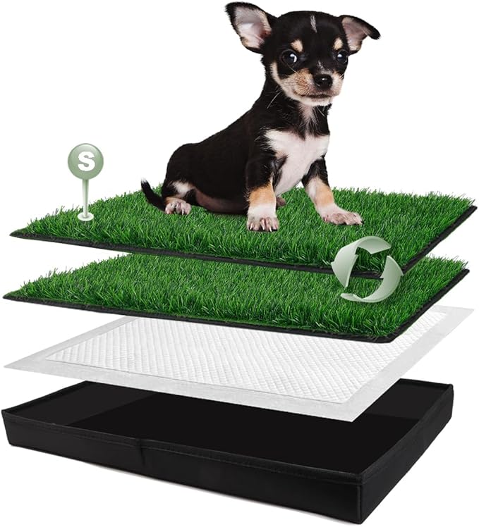 Dog Grass Pad with Foldable Dog Litter Box, Small Liner Base (23”×15”) for Balcony, 2 Artficial Grass Pee Pads for Dogs, Pee Pad Holder, Potty Training-PurrikoPets