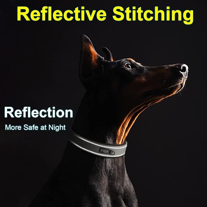 Fida Heavy Duty Dog Collar, Ultra Comfortable Soft Neoprene Padded, Adjustable Reflective Nylon Pet Collar with Durable Metal Belt Buckle for Medium Breeds (M, Grey)-PurrikoPets