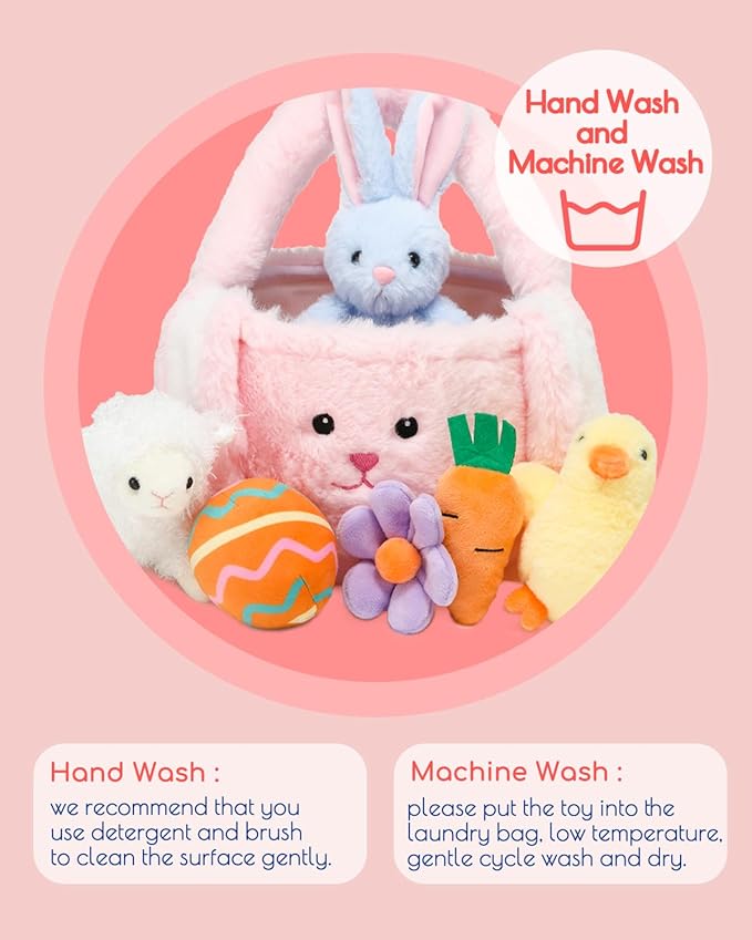 7 Piece Plush Stuffed Animals Playset Toys with Rabbit, Chick, Lamb, Carrot, Egg, Flower, Furry Bag, Soft Basket Set Toys for Girls Kids Ages 3+, Birthday Christmas Valentines Easter Party Favors-PurrikoPets