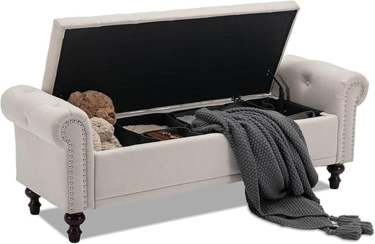 58.1'' Storage Bench Upholstered Linen End of Bedroom Bed Bench Ottoman with Tufted Cushioned Rolled Arm Large Storage Space for Reading Living Room Entryway, Beige-PurrikoPets