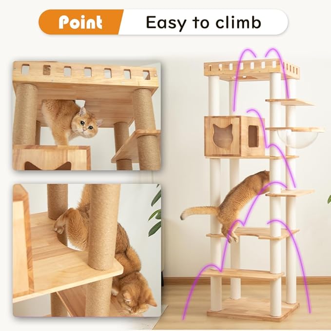 74.8" Wooden Cat Tree Tower for Large Cats, Multi-Level Cat Climbing Furniture with Scratching Posts, Cat Condo & Hammock, Natural Wood Cat Activity Center (White)-PurrikoPets