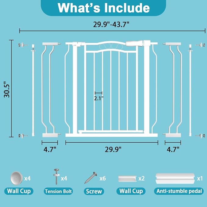 29.9-43.7 in Wide Baby Gate for Stairs Doorways, Auto Close Child Safety Gates Indoor for Dogs Pets, Pressure Mounted Metal Barrier Kids Toddler Door Walk Through, 30" Tall, White-PurrikoPets