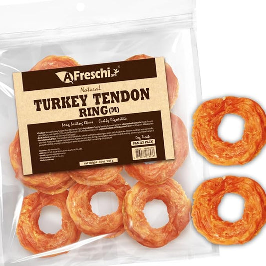 Afreschi Natural Turkey Tendon Ring (M) 10 oz, USA-Sourced Turkey Tendon, All Natural Puppy Chew, Hypoallergenic, Rawhide Alternative, for Medium Breeds-PurrikoPets