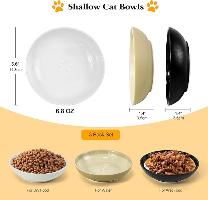 3PCS Cat Food Bowl,Ceramic Cat Dish for Indoor Cats,Wide Shallow Cat Bowls for Dry and Wet Food,Anti Whisker Fatigue Cat Plates for Kitten Cats or Dogs-PurrikoPets