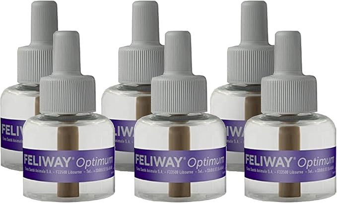 FELIWAY Optimum 6 x 30 Day Cat Calming Refills for Pheromone Diffuser, 6 x 48ml Value Pack - Helps Reduce Common Signs of Stress in Cats & Kittens, Enhanced Calming-PurrikoPets