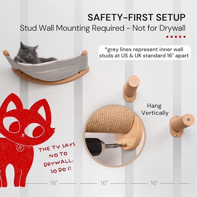 7 Ruby Road Cat Hammock Wall Mounted Shelf with Two Steps Set - Wall Shelves and Perches for Sleeping, Playing, Climbing and Lounging - Modern Cat Bed & Furniture for Indoor and Large Cats or Kitty-PurrikoPets