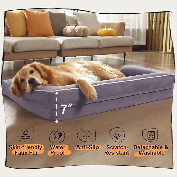 Extra Large Dog Bed-Orthopedic Waterproof XL Dog Bed for XLarge Extra Big Dogs - Foam Couch Sofa Washable with Removable Cover-Purple-PurrikoPets