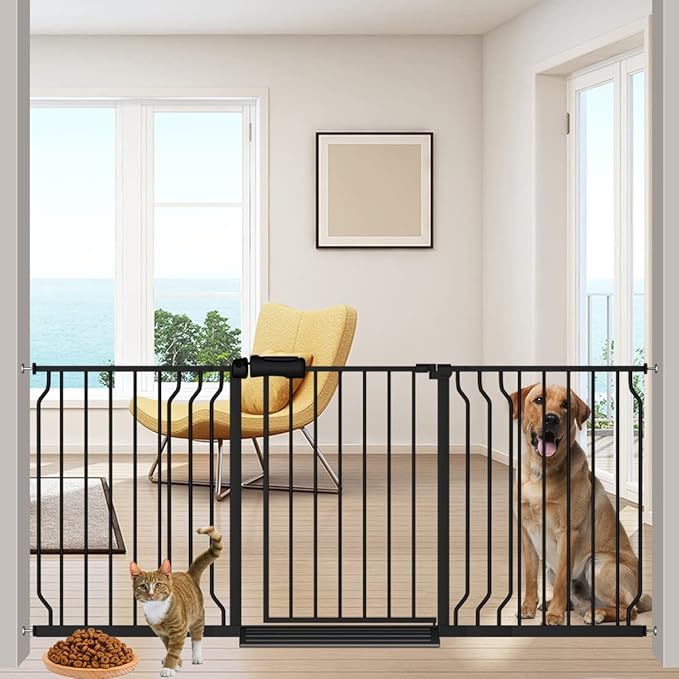 Extra Wide Baby Gate 67-71.5 Inch Wide Walk Through Pressure Mounted Auto Close Large Long Tension Gate for Dog and Cats Black-PurrikoPets