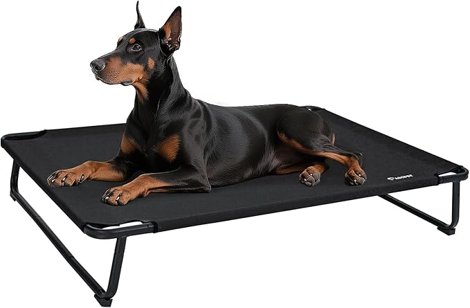 Elevated Dog Bed, Outdoor Dog Bed Raised Bed Cooling Waterproof Pet Beds Cots Stable and Easy Assembly, Teslin Fabric with 1.2mm Thick Iron Frame, Breathable, Ultra-Sturdy，Grey, 48 * 32 * 8.7-PurrikoPets