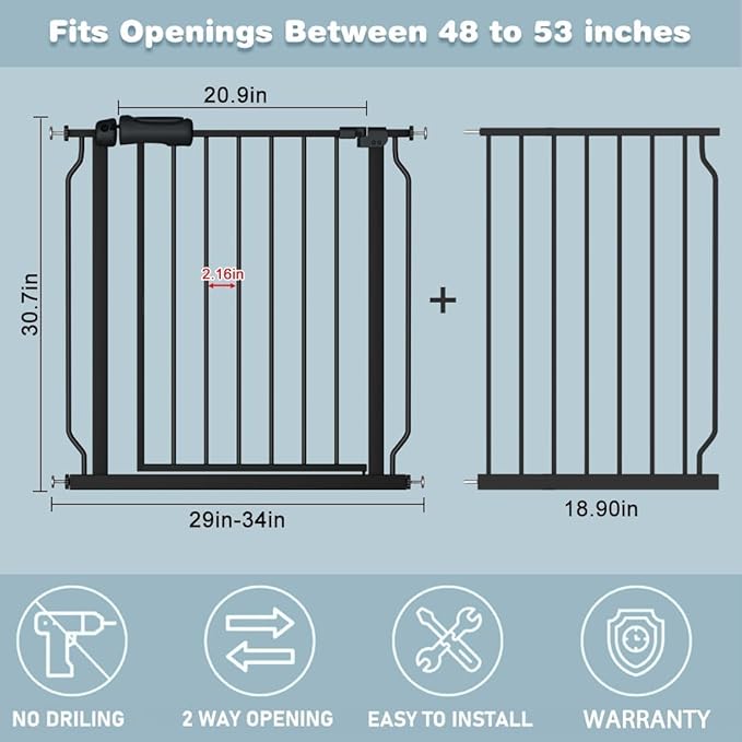 48-53 Inch Extra Wide Baby Gate for Stairs, Safety Dog Gate for Doorways, Pressure Mounted Walk Through Child Gate for Kids Pets No Drill Indoor and Outdoor, Black-PurrikoPets