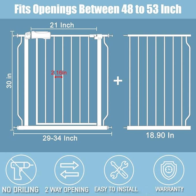 Extra Wide Baby Gates 48-53 Inch Child Dog Pet Gate Indoor Adjustable Safety Child Gates for House Doorway Stairs Banister Walk Through Doggie White-PurrikoPets