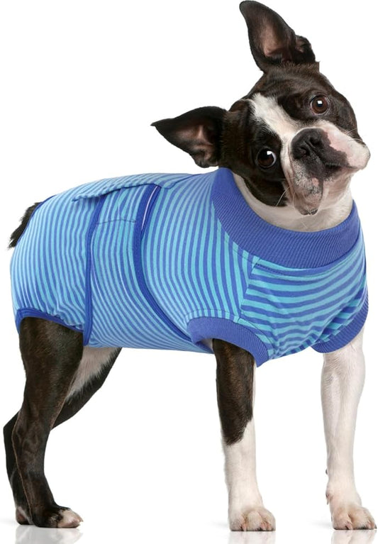 FUAMEY Recovery Suit for Dogs After Surgery,Soft Breathable Dog Bodysuit E-Collar & Cone Alternative Surgical Suit,Male Female Dog Neuter Spay Suits Anti Licking Wounds Onesie Navy Blue Strips L-PurrikoPets