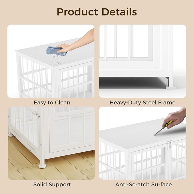 26 Inch Heavy Duty Wooden Dog Kennel End Table with Double Door Design and Secure Locks, Indoor Pet Crate Furniture for Small Dogs, Decorative Home Cage Design,White-PurrikoPets