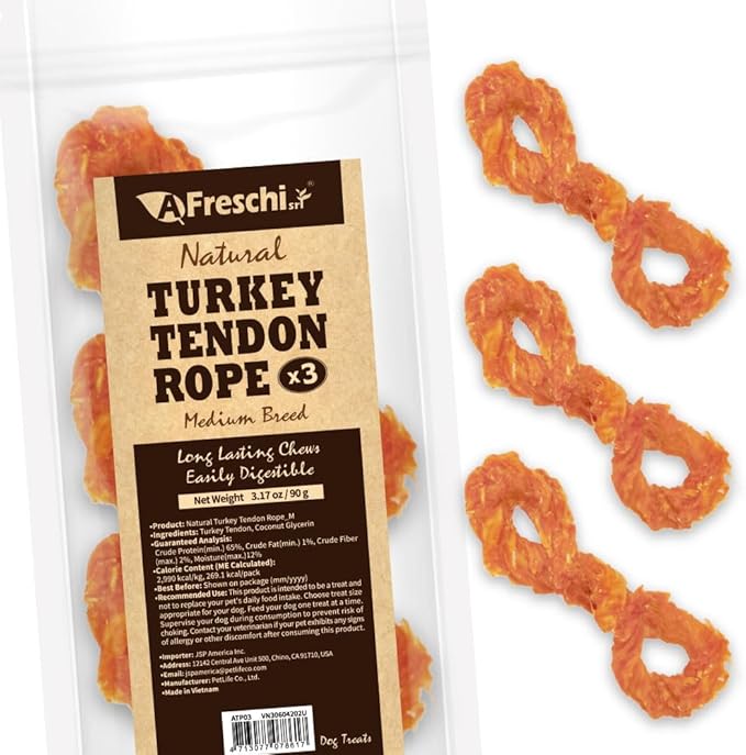 Afreschi Turkey Tendon Rope (M) 3.17 oz, USA-Sourced Turkey Tendon, All Natural Human Grade Dog Chew, Hypoallergenic, Rawhide Alternative, Dog Treats for Medium Breeds-PurrikoPets