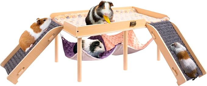 Enlarged Guinea Pig Hammock with Platform and Stairs,Wooden Foldable Piggies Hideout for Guinea Pigs Bunny Ferret Hamster Hiding Sleeping Activities 24L x 12W x 11H in（Double）-PurrikoPets