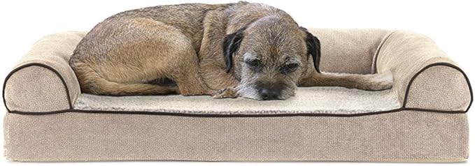 Furhaven Cooling Gel Dog Bed for Medium/Small Dogs w/ Removable Bolsters & Washable Cover, For Dogs Up to 35 lbs - Sherpa & Chenille Sofa - Cream, Medium-PurrikoPets