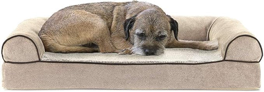 Furhaven Cooling Gel Dog Bed for Medium/Small Dogs w/ Removable Bolsters & Washable Cover, For Dogs Up to 35 lbs - Sherpa & Chenille Sofa - Cream, Medium-PurrikoPets