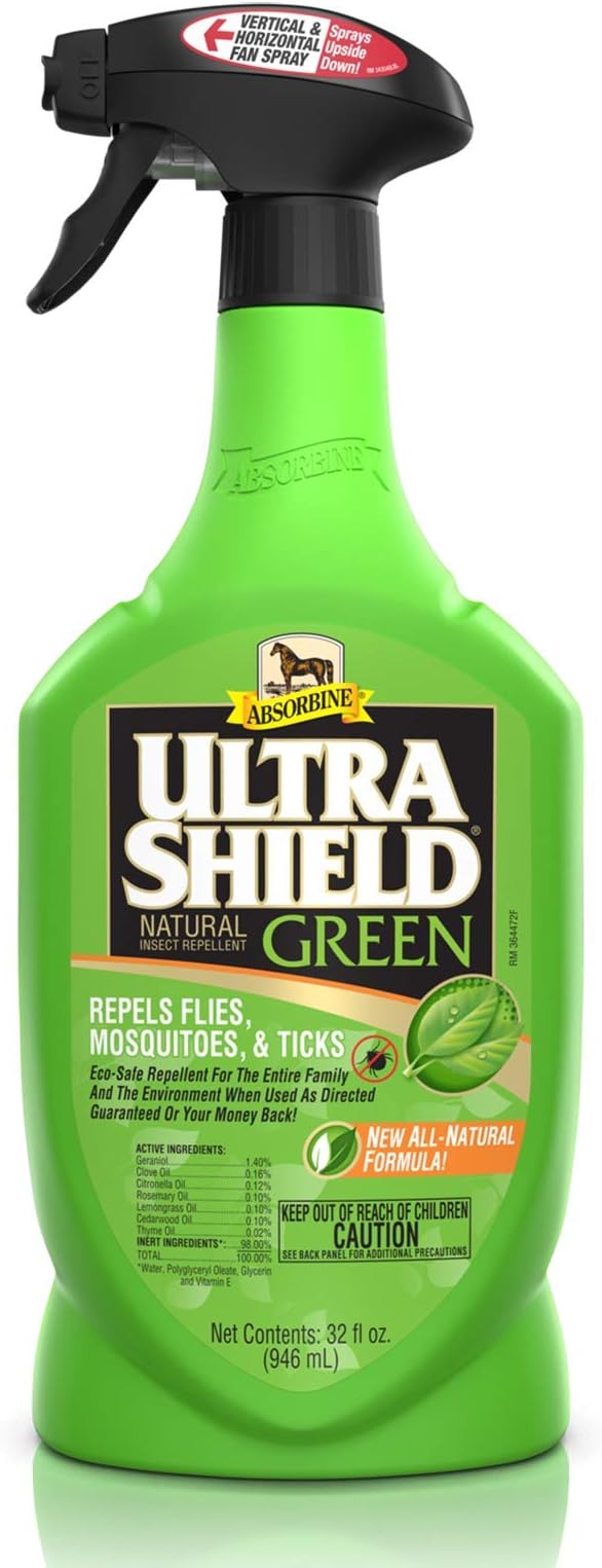 Absorbine UltraShield Green All-Natural Fly & Insect Repellent for Horses & Dogs, Essential Oils Repel & Control, 32oz Spray Bottle-PurrikoPets