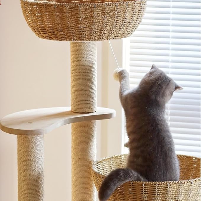 54" Large Modern Cat Trees, Luxury Rattan Oak Solid Wood Cat Trees Towers，3 Weaving Cat Nests & Washable Cool Cushions, Sisal Scratching Posts,Cat Condo for Indoor Cats- Wood Wax Oil Version-PurrikoPets