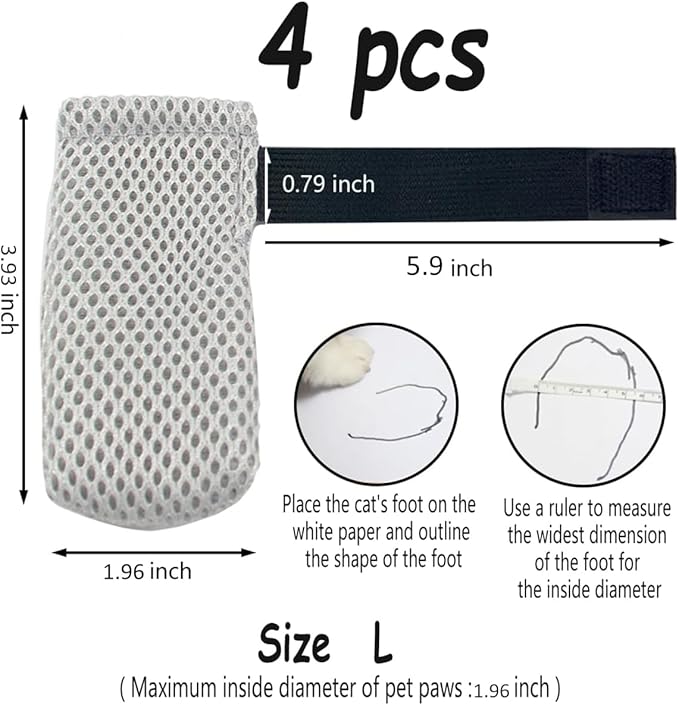 4 PCS Cat Mittens to Prevent Scratching,Mesh Breathable Cat Shoes,Adjustable Cats Anti Scratch Gloves,Suitable for Cats When Bathing and Nail Trimming (Grey, L)-PurrikoPets