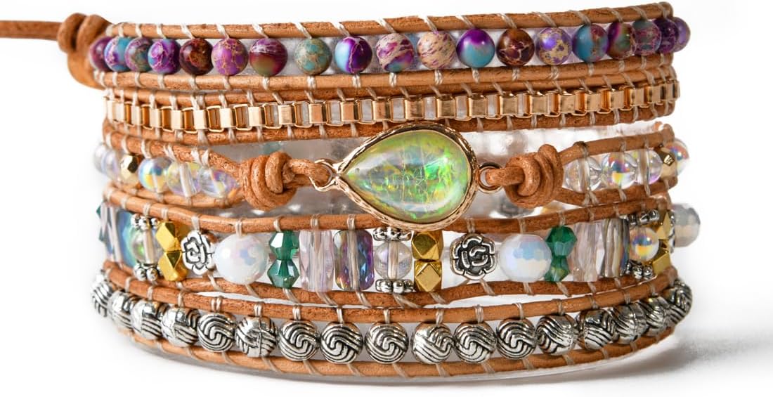 YGLINE Boho Handmade Wrap Leather Tube Crystal Stone Bracelet for Women