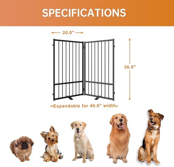 Full Metal Freestanding Dog Gate with Door, 36''Height Foldable Pet Dog Fence for Indoor & Outdoor, 2 Panels Extra Wide Free Standing TallDog Gates for Doorways,House,Stairs,Porch,Deck,Yard-PurrikoPets