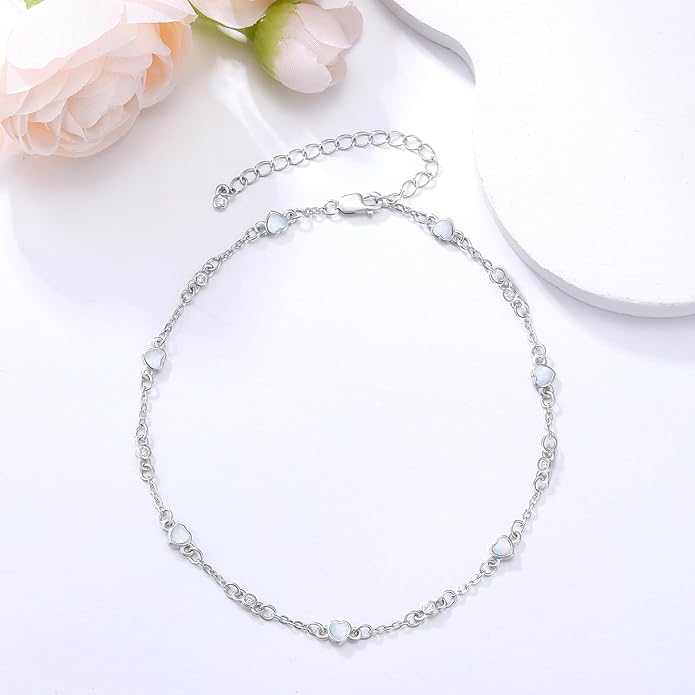 Anklet Bracelet for Women 925 Sterling Silver Natural Stone Chain Ankle Bracelet Beach Summer Fine Jewelry Valentines Day Birthday Gifts for Her Mom Wife