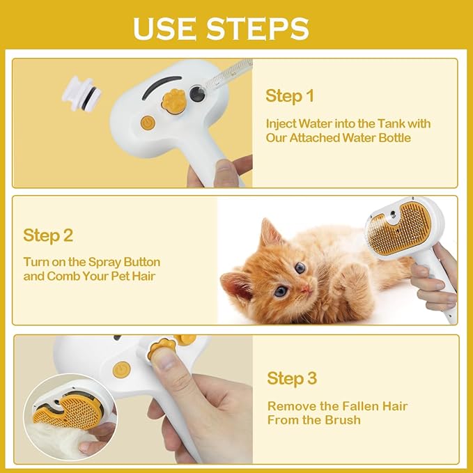 3-1 Cat Steam Brush for Shedding, Steamy Grooming Brush for Long & Short Hair Cats & Dogs, Self-Cleaning Pet Hair Removal Comb with Water Tank Dog-PurrikoPets