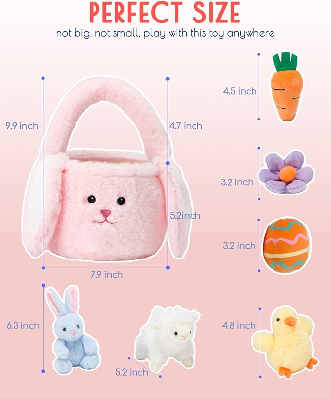 7 Piece Plush Stuffed Animals Playset Toys with Rabbit, Chick, Lamb, Carrot, Egg, Flower, Furry Bag, Soft Basket Set Toys for Girls Kids Ages 3+, Birthday Christmas Valentines Easter Party Favors-PurrikoPets