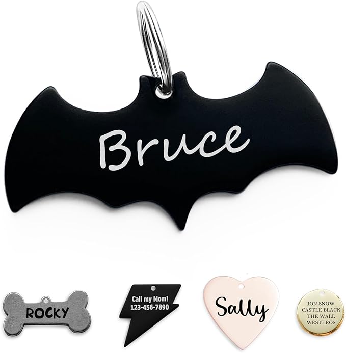 316 Surgical Grade Stainless Steel Personalized Dog & Cat ID Tags - Made with Three Thousand Love for Our Fur-Baby - Original Funny Shapes Bat, Engraved Name or Text for Pet Collar Accessories-PurrikoPets