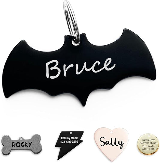 316 Surgical Grade Stainless Steel Personalized Dog & Cat ID Tags - Made with Three Thousand Love for Our Fur-Baby - Original Funny Shapes Bat, Engraved Name or Text for Pet Collar Accessories-PurrikoPets