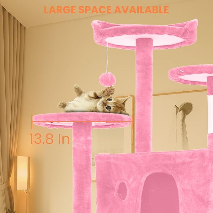 54.7 inches Cat Tower for Indoor Cats, Multi-Level Cat Condos with Scratching Posts, Hanging Toys, Pink-PurrikoPets