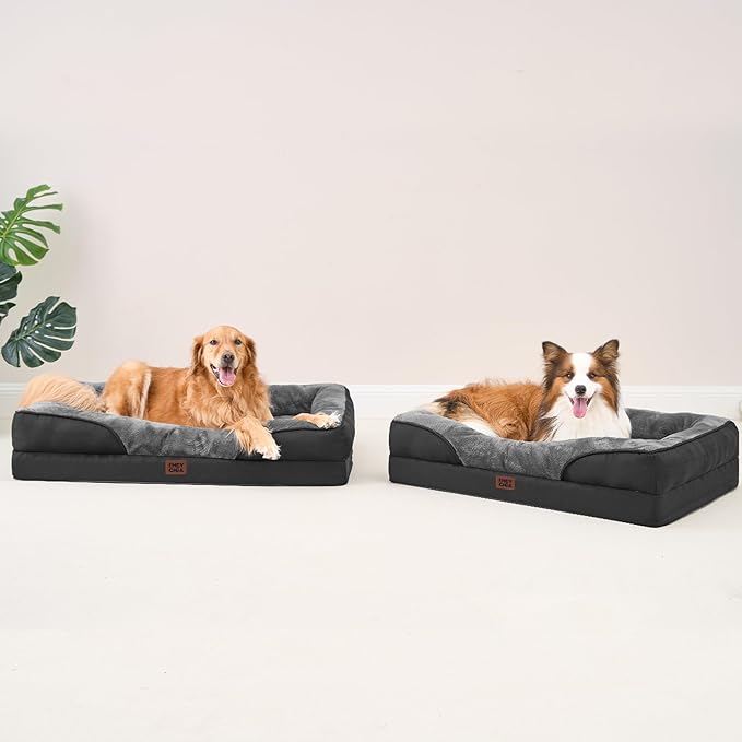 EHEYCIGA Memory Foam XXL Dog Bed for XLarge Sized, Orthopedic Dog Sofa with Sides and Waterproof Liner, Washable Bolster Pet Couch with Removable Cover, 52x41x8 Inch, Grey/Black-PurrikoPets