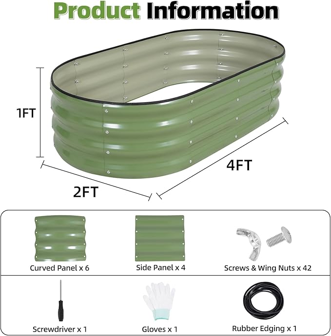 G GOOD GAIN Galvanized Metal Raised Garden Bed Kit - 4x2x1FT Outdoor Planter Box with Safety Edging and Gloves for Vegetables, Fruits, Flowers(Oliver Green, 2PC)-PurrikoPets