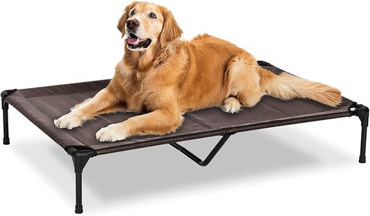 Elevated Dog Bed for Outdoor, XL Raised Dog Cot with Washable Mesh, Cooling Pet Cot Chew Proof for Outside Camping, 49"x33" Brown-PurrikoPets
