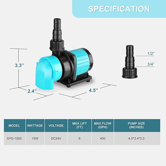 400GPH Aquarium Return pump with LCD display controller, 15W DC 24V aquarium pump for saltwater freshwater aquarium,fish tank,sump,20 speeds ECO Quiet Submersible and inline pump-PurrikoPets