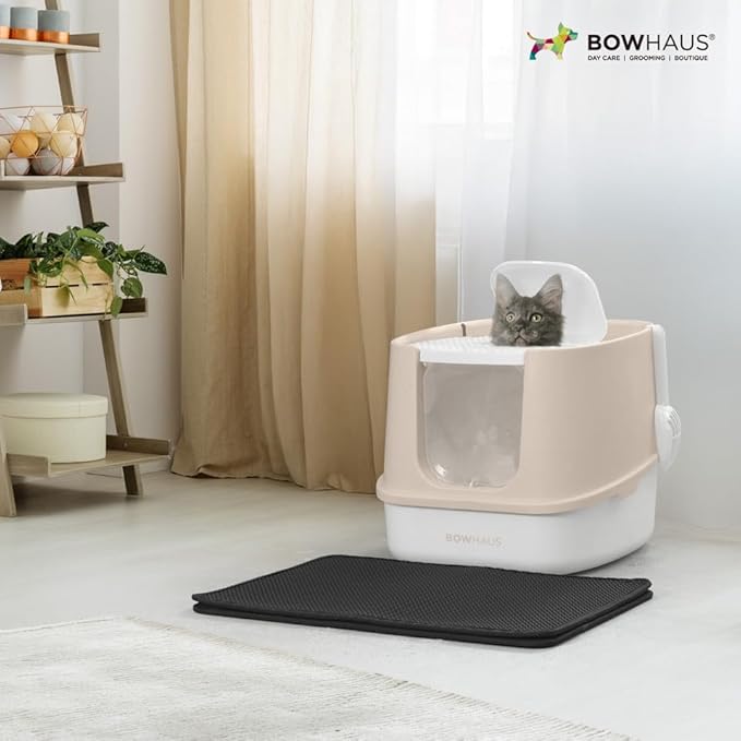 Fully Enclosed Cat Litter Box w/Lid, Scoop, Litter Mat & Odor Fitter, Large Plastic Cat Toilet with Double Door, Anti-Splashing Gato Litter Box with Lockable Front Door, Beige/Pink-PurrikoPets