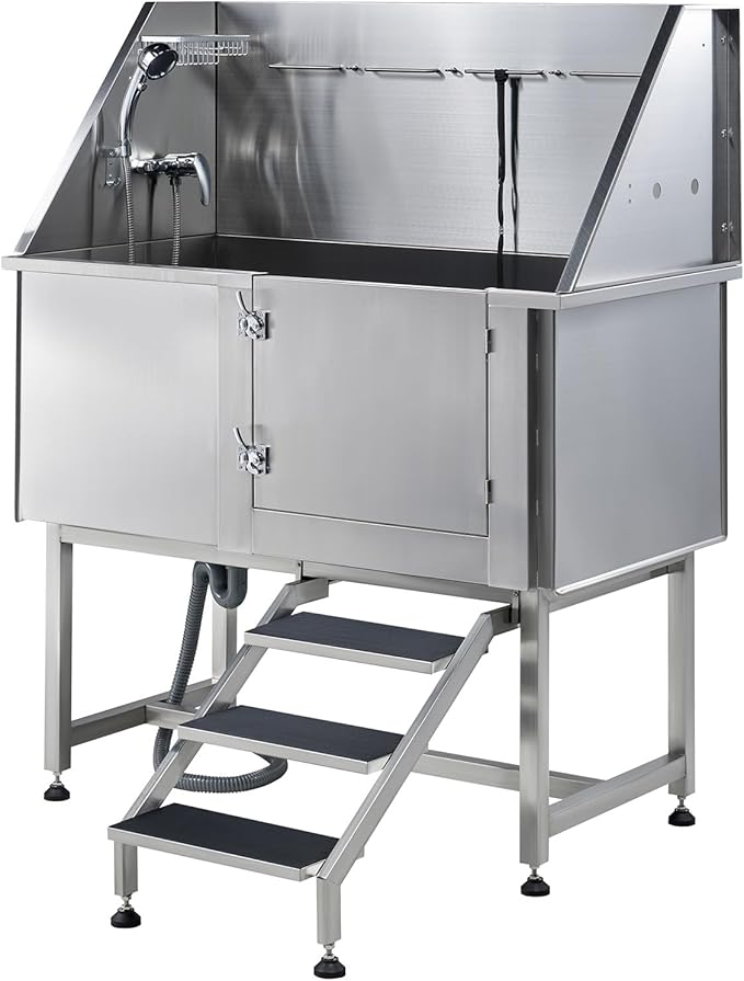 Albott 50 Inch Stainless Steel Dog Washing Station with Non-Slip Steps, Sprayer, Faucet, Soap Box – Professional Pet Bathtub for Small and Medium Pets, Use at Home, Garage, or Grooming (Right Door)-PurrikoPets