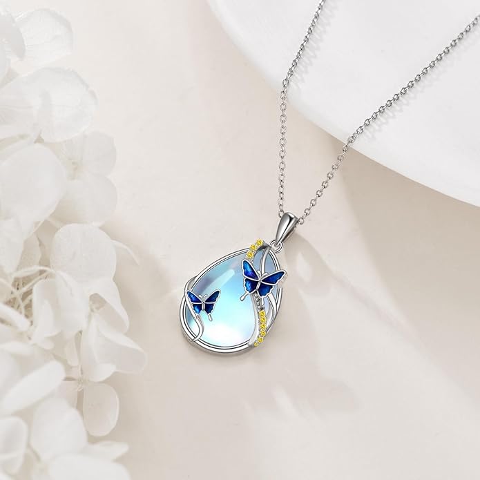 KQF Dragonfly/Butterlfy/Cat/Jellyfish/Bunny/Axolotl/Bee/Mermaid/Hummingbird/Elephant Necklace for Women Sterling Silver Moonstone Pendant Necklace Dragonfly Jewelry Gifts for Women