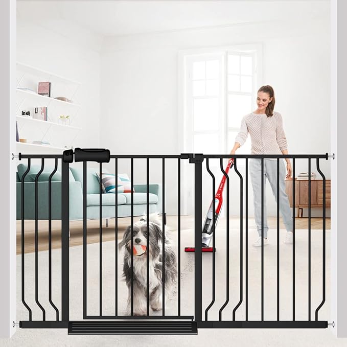 Extra Wide Baby Gate Black 53-57.5 Inch Wide Walk Through Pressure Mounted No Drill Long and Large Tension Metal Gate for Dog and Toddler-PurrikoPets