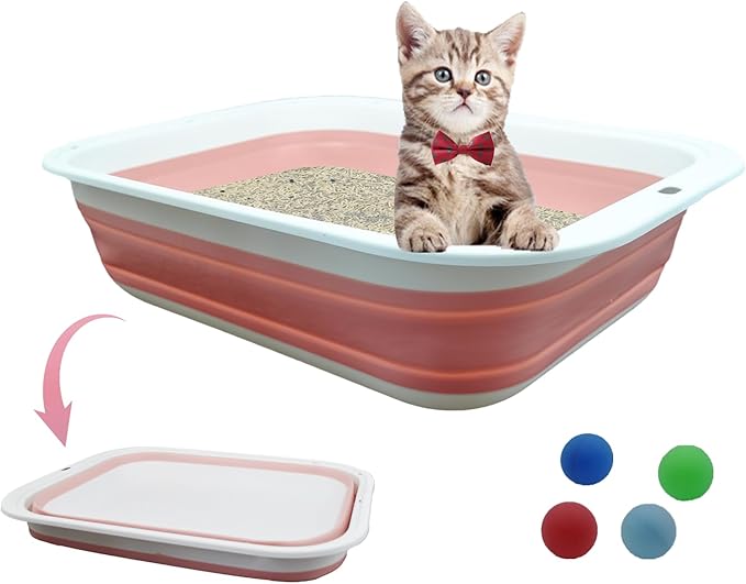 Foldable Cat Litter Box Open Potty Pan Portable Collapsible Cats Litter Boxs Travel Kitten Pan with Scoop Waterproof Low Entrance for Kitten and Easy Clean 17.7"×13.4"x4.9"(Pink)-PurrikoPets