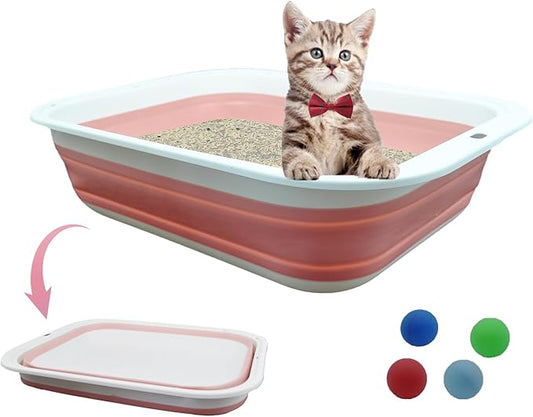Foldable Cat Litter Box Open Potty Pan Portable Collapsible Cats Litter Boxs Travel Kitten Pan with Scoop Waterproof Low Entrance for Kitten and Easy Clean 17.7"×13.4"x4.9"(Pink)-PurrikoPets