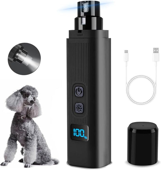 Dog Nail Grinder - 2 Speed Super Quiet and Low Vibration Electric Pet Nail Grinder - Rechargeable Dog Nail Trimmers for Small Dogs- Cat Nail Claw Clippers with 2 Level LED Lighting（Black）-PurrikoPets