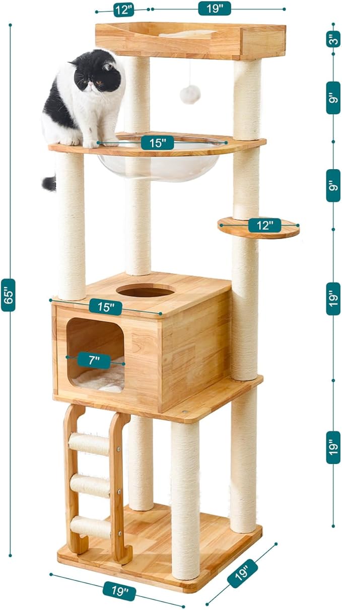 65-inch Tall Cat Tree，Cat Tower for Indoor Cats with Feel-Safe Enclosed Cat Cave、Scratching Post、Space Capsule Nest and Cat Ladder-PurrikoPets