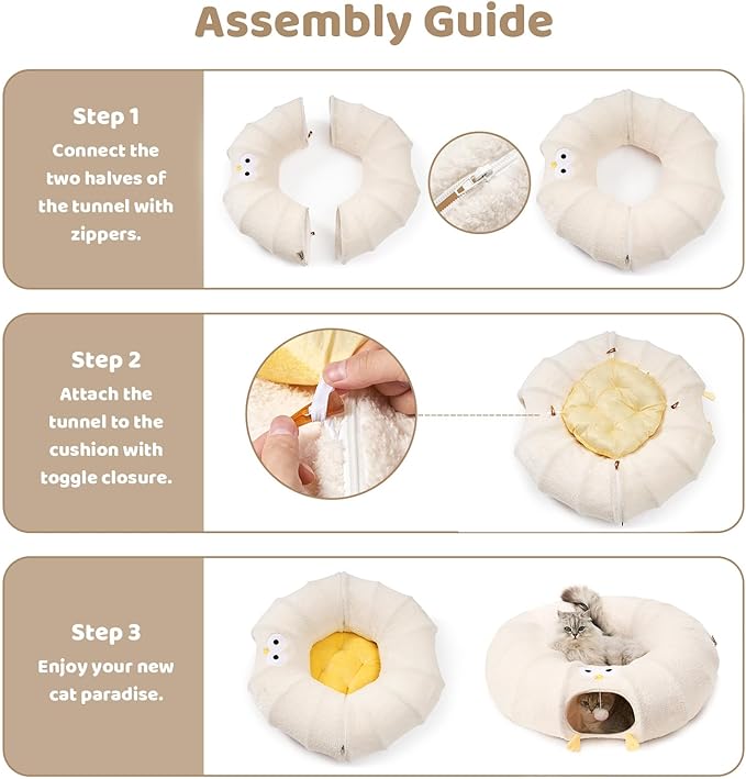 EHEYCIGA Cat Tunnel Bed for Indoor Cats, Cute Cat Donut Toy Tunnel for Small Large Cats with Washable Circle Cushion, Peekaboo Pet Cave Play Tunnel for Kitten, Puppy, Rabbit-PurrikoPets