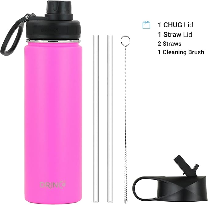 DRINCO Stainless Steel Water Bottle Spout Lid Vacuum Insulated Double Wall Water Bottle Wide Mouth (40oz 32oz 22oz 18oz 14oz) Leak Proof Keep Cold Sport Camping Hiking (22 oz, 22oz Island Pink)-PurrikoPets
