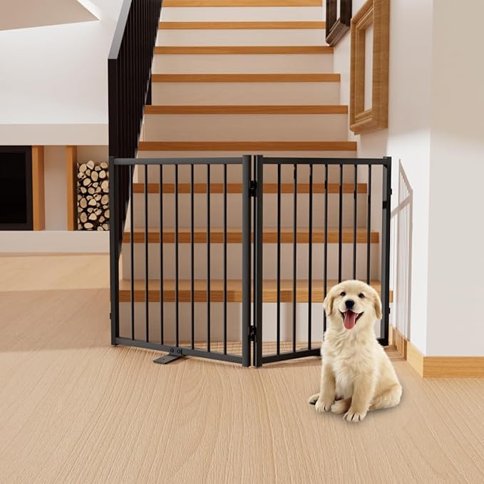 Full Metal Freestanding Dog Gate with Door, 24'' Height Foldable Pet Dog Fence for Indoor & Outdoor, 2 Panels Extra Wide Free Standing SmallDog Gates for Doorways,House,Stairs,Porch,Deck,Yard-PurrikoPets